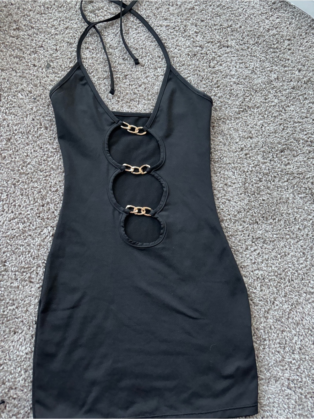 SHEIN Black Halter Mini Dress with Gold Chain Rings